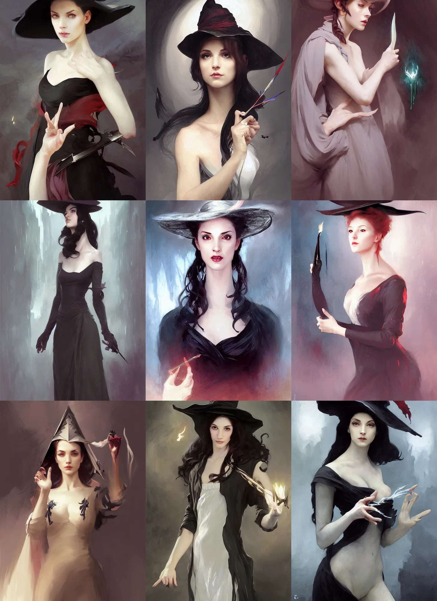 Prompt: character concept portrait of an attractive young focused italian witch with pale skin wearing a very large pointy hat casting a spell, a floating burning love potion in hand, intricate, elegant, digital painting, concept art, smooth, sharp focus, illustration, from Metal Gear, by Ruan Jia and Mandy Jurgens and William-Adolphe Bouguereau, Artgerm