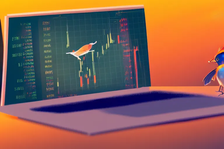 Prompt: a very close - up bird standing on laptop, laptop shows stock market chart on screen, sunrise in the horizon, in concept art of main menu loading screen background. for mmorpg, king's bounty by katauri, high fedlity, by a chinese freelance artist, artstation, balance, style of hearthstone