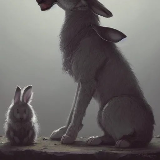 Image similar to A beautiful painting of an anthropomorphic wolf and rabbit. The rabbit has long rabbit ears on his head, and is sitting with his back to the wolf. The wolf's arms are wrapped around the rabbit's shoulders. Trending on artstation, greg rutkowski