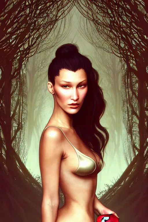 Prompt: very very beautiful longshot photo of bella hadid holding an apple, intricate, elegant, highly detailed, foggy forest on background, artstation, concept art, smooth, sharp focus, illustration, art by artgerm and alphonse mucha