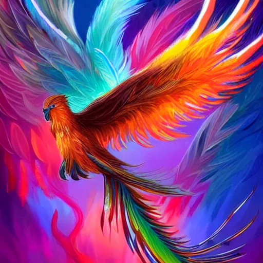 Image similar to cute flying chinese phoenix, sparkling bird eyes, embers in her bird eyes, shining rainbow feathers, sharp features, flowing fiery multicolor feathers, highly detailed, digital painting, artstation, concept art, smooth, sharp focus, beautiful rainbow feathers, expressive eyes, illustration, phoenix art by Artgerm and greg rutkowski