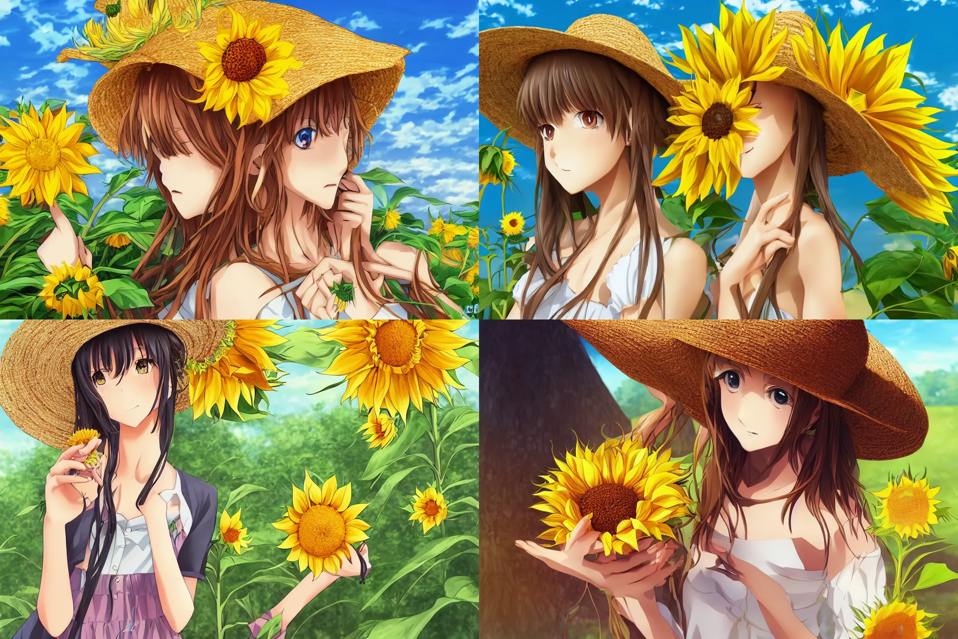 Prompt: anime girl wearing straw hat holding a sunflower, detailed digital art, key anime visual