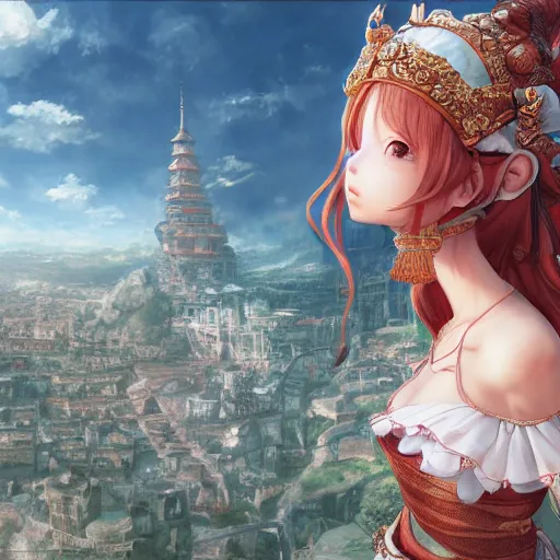 Image similar to character portrait of the monkey princess with gorgeous detailed eyes in the marketplace in the sky, color page, tankoban, 4 k, tone mapping, doll, akihiko yoshida, james jean, andrei riabovitchev, marc simonetti, yoshitaka amano, long hair, ape, curly