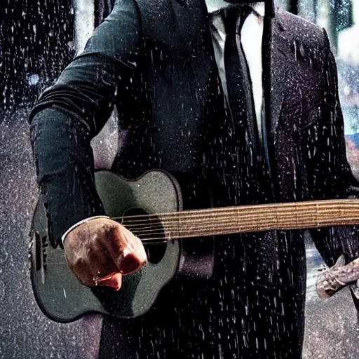 Image similar to john wick playing a guitar!!!, in the rain!!!, photorealistic!!!, realistic, dramatic, cinematic!!!, photography