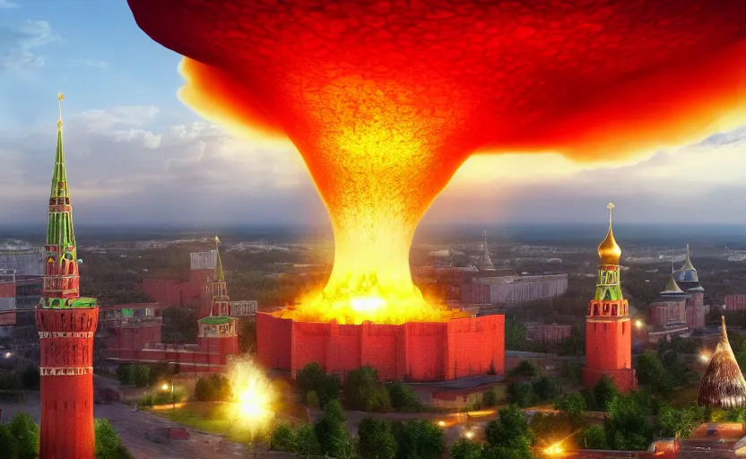 Image similar to ultra realistic shot of a big nuclear explosion with realistic nuclear mushroom in Red Square Kremlin, 8k