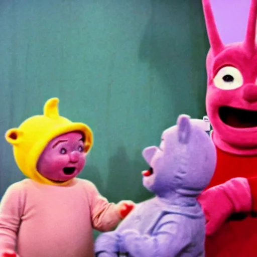 Image similar to color photo of robert oppenheimer debating with teletubbies