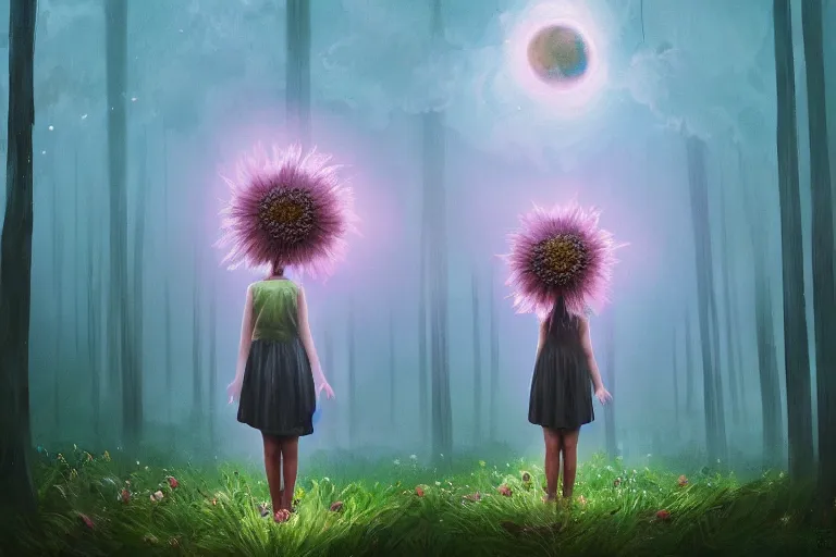 Image similar to giant daisy flowers head, girl standing in forest, surreal photography, dark night, stars, moon light, impressionist painting, clouds, digital painting, artstation, simon stalenhag