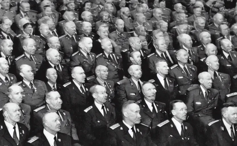 Image similar to 50s movie still of very diverse soviet generals head with very detailed faces in a stalinist parlement, by Alexei Guerman, Cinestill 800t 35mm black and white, heavy grainy picture, very detailed, high quality, 4k, HD criterion, precise texture, diverse faces, diverse haircuts, diverse ages