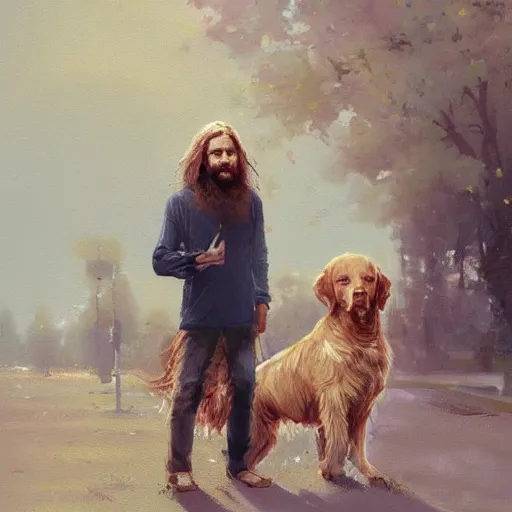 Image similar to oil painting of a young man with long hair blond and a beard hippie style painting on a golden retriever, people watching around, by greg rutkowski, artstation