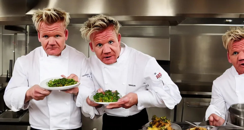 Image similar to gordon ramsay and gordon ramsay nervously showing the camera a dish that each of them prepared