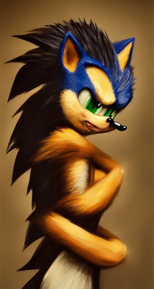 Image similar to studious portrait painting of sonic the hedgehog, chiaroscuro, elegant highly detailed oil painting 4 k, archival scan