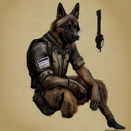 Image similar to a humanoid german shepherd beast - man in military style, sitting on the carpeted floor beside a bed, highly detailed portrait, digital painting, artstation, concept art, smooth, sharp foccus ilustration, artstation