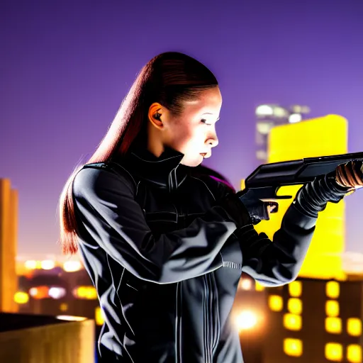 Image similar to photographic portrait of a techwear woman holding a shotgun, closeup, on the rooftop of a futuristic city at night, sigma 85mm f/1.4, 4k, depth of field, high resolution, full color, Die Hard, movies with guns, movie firearms