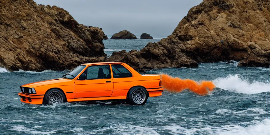 Prompt: orange bmw e30 m3 driving off a cliff into the ocean