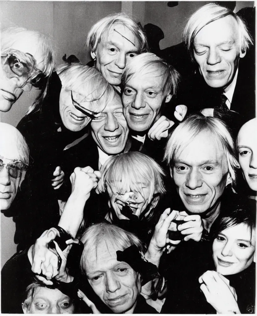 Prompt: andy warhol selfie with pablo picasso smiling artists