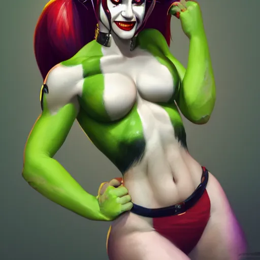 Image similar to portrait of harley quinn as shehulk,, au naturel, hyper detailed, digital art, trending in artstation, cinematic lighting, studio quality, smooth render, unreal engine 5 rendered, octane rendered, art style by klimt and nixeu and ian sprigger and wlop and krenz cushart.