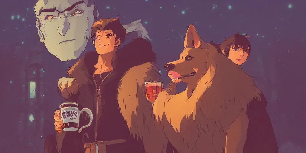 Image similar to a two german shepherds beast - men, holding a mug of beer, a lot of pockets, fur cape, tavern background, magical, bright, colorful, fantastic lighting, amazing details, 4 k uhd, illustration by hayao miyazaki and makoto shinkai and ilya kuvshinov, artstation, pixiv,