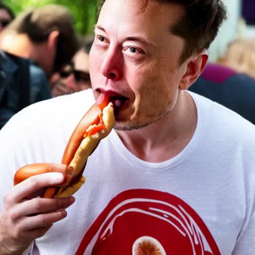 Image similar to Elon Musk eating a hotdog, hyper realistic, HD, HQ, photo realistic