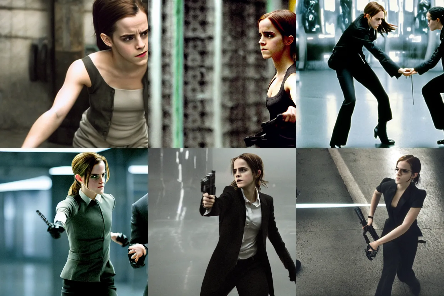 Prompt: Movie still of Emma Watson fighting against Agent Smith in Matrix