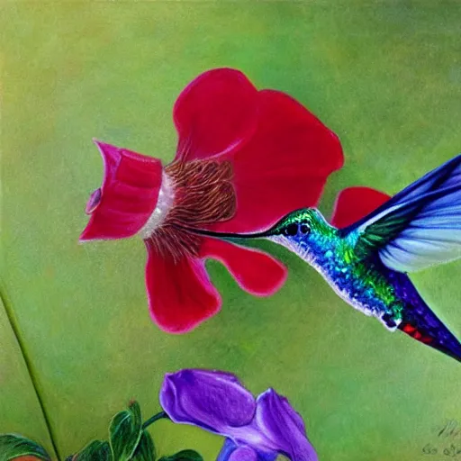Prompt: closeup detailed painting of iridescent hummingbird sipping nectar from red flower arthur hughes