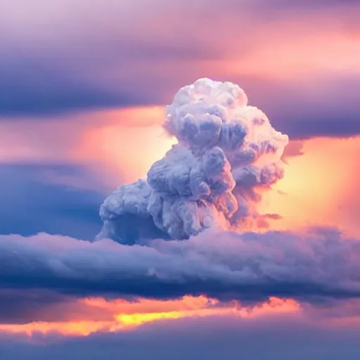 Prompt: impressive towering cumulonimbus clouds against a blue sky, pastel pink sunset