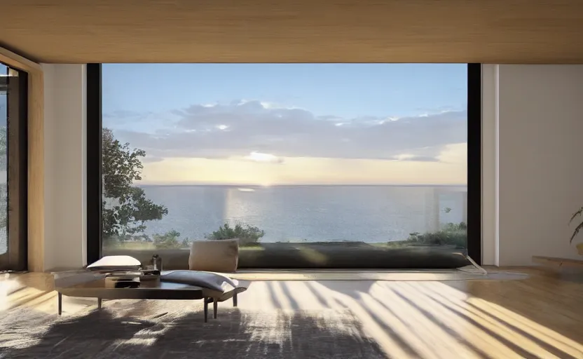 Image similar to a interior photo of a furnished modern house with a large window with view to the sea at sunset, octane render, unreal engine 5, godrays, ray tracing, hyperrealistic, full of luxury furniture, calm, relaxing, complementary colors, warm lighting, clouds in the sky, concept art, 4k, high quality, highly detailed, trending on DeviantArt, beautiful