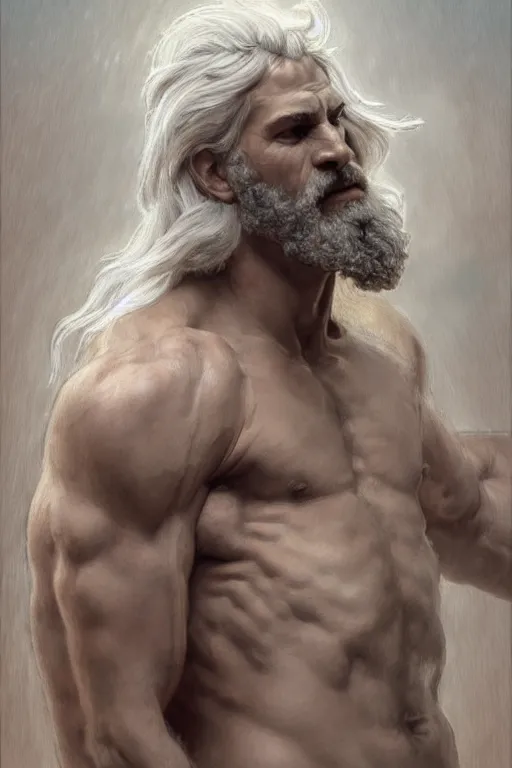Image similar to painted portrait of rugged zeus, god of thunder, greek god, white hair, masculine, mature, handsome, upper body, white robe, muscular, hairy torso, fantasy, intricate, elegant, highly detailed, digital painting, artstation, concept art, smooth, sharp focus, illustration, art by gaston bussiere and alphonse mucha