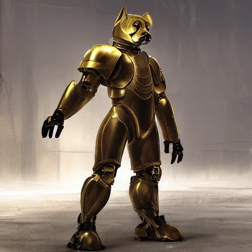 Image similar to cybernetic dog wth golden armor, hard surface, matte painting by jama jurabaev and greg rutkowsky,