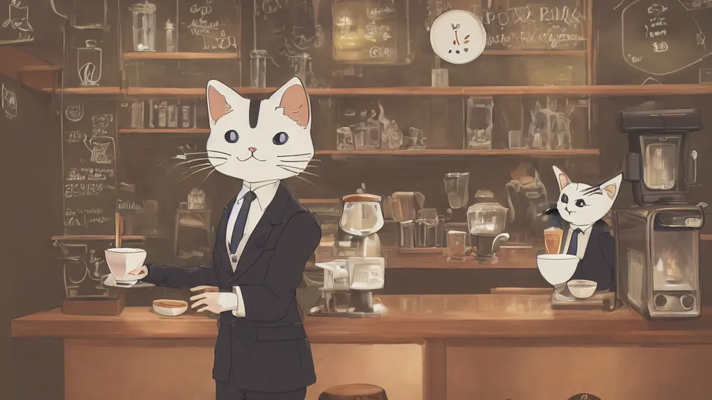 Image similar to a highly detailed portait of a cute little anthropomorphic cat barista wearing a suit in a parisian coffee shop by studio ghibli, tiny, small, cute and adorable, pretty, beautiful, character art portrait, matte painting, Artstation