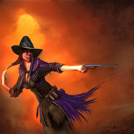 Prompt: Fantasy digital art for magic the gathering card, action shot of a wild west witch with a revolver firing out a red magical spell. Background has wild west scenery behind her at night.