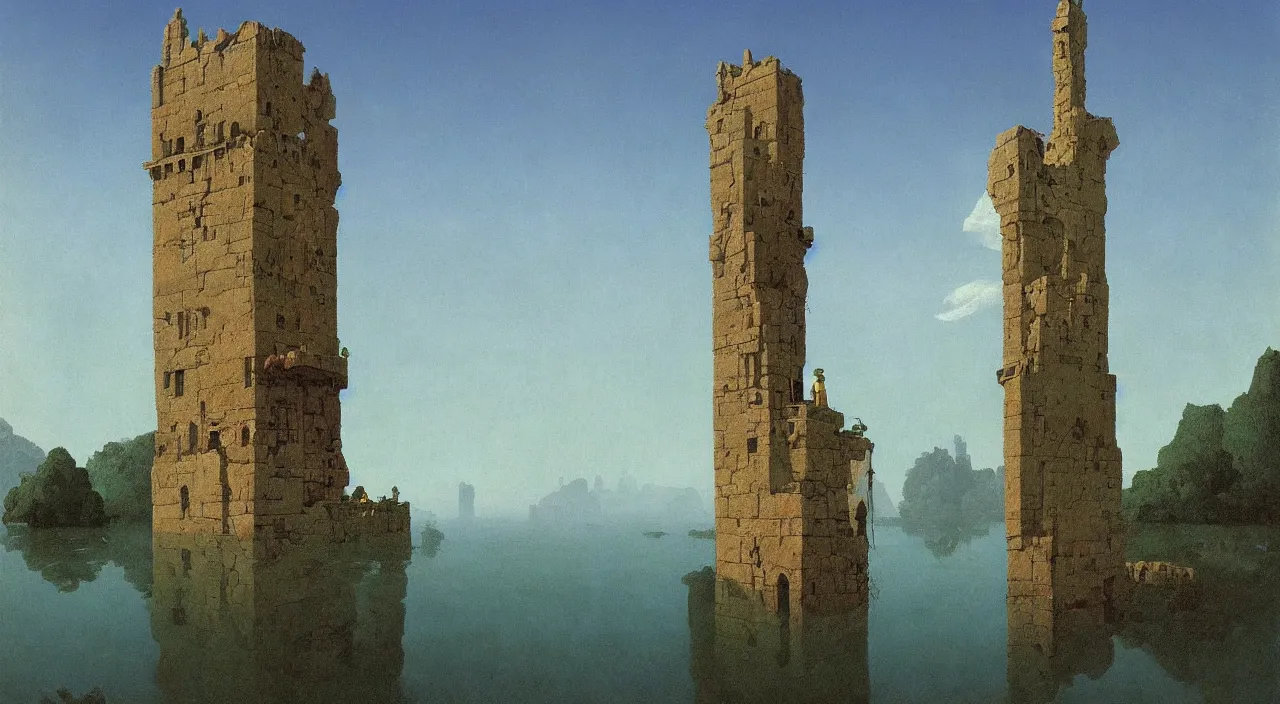 Prompt: single flooded simple ancient! cursed stone tower, very coherent and colorful high contrast!! masterpiece by rene magritte simon stalenhag carl spitzweg syd mead norman rockwell edward hopper james gilleard, surrealism!, minimalist, dark shadows, sunny day, hard lighting