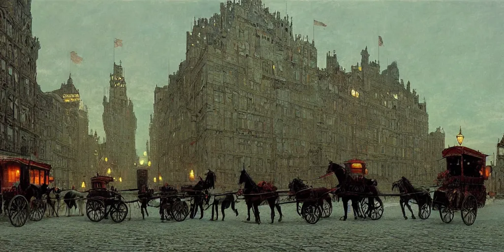 Image similar to Horse carriages, evening, detailed matte painting, cinematic, John Atkinson Grimshaw, Artstation