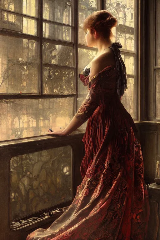 Image similar to an intricate artistic pose painting of a beautiful young victorian lady looking through a window with an artistic pose wearing a beautiful velvet dress, hyper detailed, octane render, vivid colors, artstation, by jeremy mann, alphonse mucha, by boris vallejo