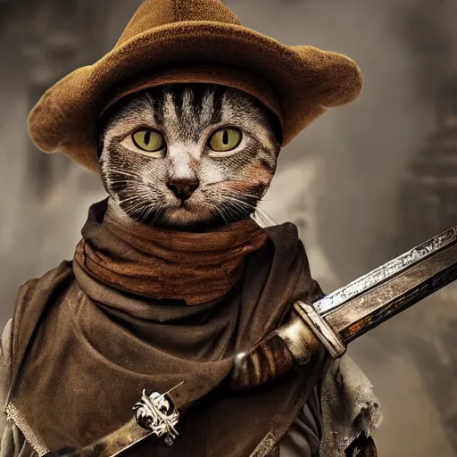 Image similar to a high detail shot of a dirty, homeless humanoid cat wearing rags, holstering sword, realism, 8 k, fantasy, d & d, concept art