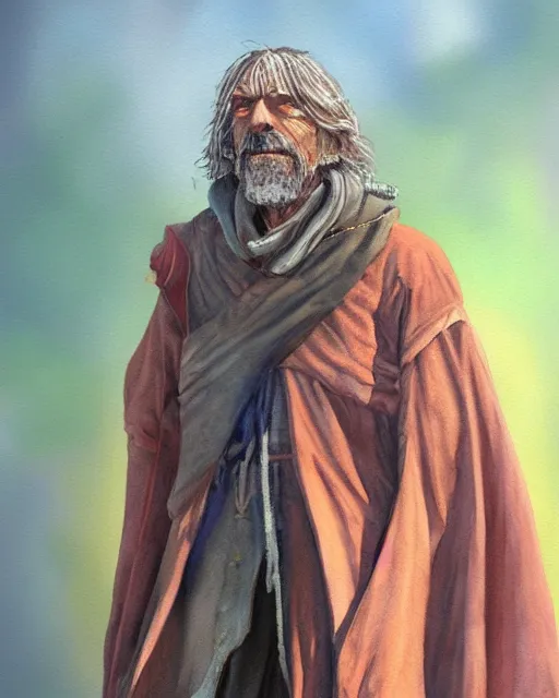 Image similar to a oil / watercolor painting full body character portrait of a homeless sorcerer in the style of moebius in the style of leonard boyarsky trending on artstation deviantart pinterest detailed photorealistic highlights and shadow hd 8 k post - processing high resolution