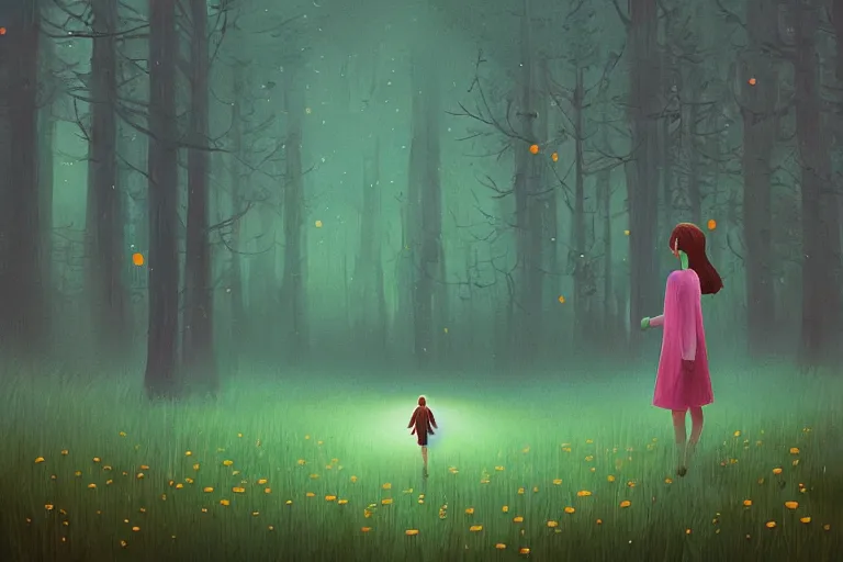 Image similar to giant daisy flower as face, girl walking in forest, surreal photography, dark night, stars, moon light, impressionist painting, clouds, digital painting, artstation, simon stalenhag
