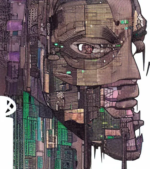 Image similar to a cyberpunk man with a glitching patchwork face of various ethnicities, Industrial Scifi, detailed illustration, character portrait, by Martin Grip and Moebius