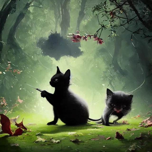 Image similar to a beautiful painting of a cute black kitten catching a mouse in a forest. disney character design by cory loftis, fenghua zhong, ryohei hase, ismail inceoglu and ruan jia. artstation, volumetric light, detailed, photorealistic, rendered in octane