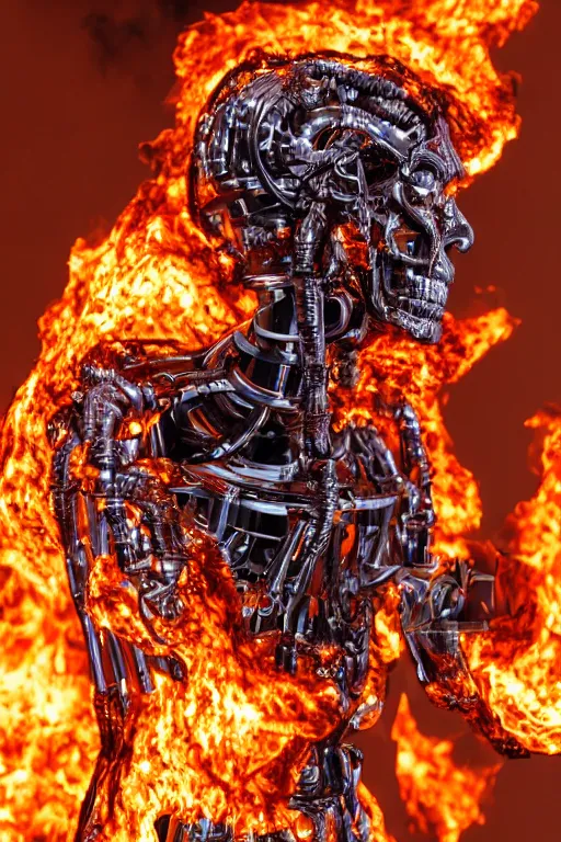 Prompt: detailed matte portrait of a t 8 0 0 endoskeleton shrouded in smoke and burning embers, intricate, elaborate, specular, chrome, reflection, chromatic aberration