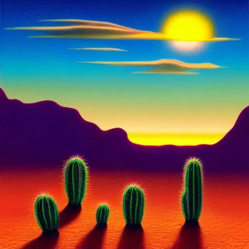 Prompt: a cactus made of translucent liquid in a desert sunset, by vladimir kush, by roger dean, 4k resolution, detailed and intricate, recursive, volumetric lighting, sunset desert color scheme, rendered in redshift, realistic shadows, -20 W 854