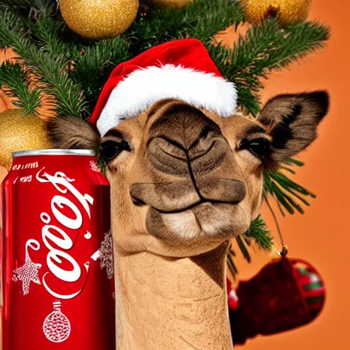 Image similar to camel in a hat on a Christmas tree, in the paw of coca cola, in the desert