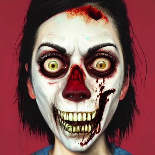 Prompt: color head portrait of aubrey plaza grinning as a zombie, 7 days to die zombie, gritty background, fine art, award winning, intricate, elegant, sharp focus, cinematic lighting, digital painting, 8 k concept art, art by michael hussar, art by brom, art by guweiz and z. w. gu, 8 k