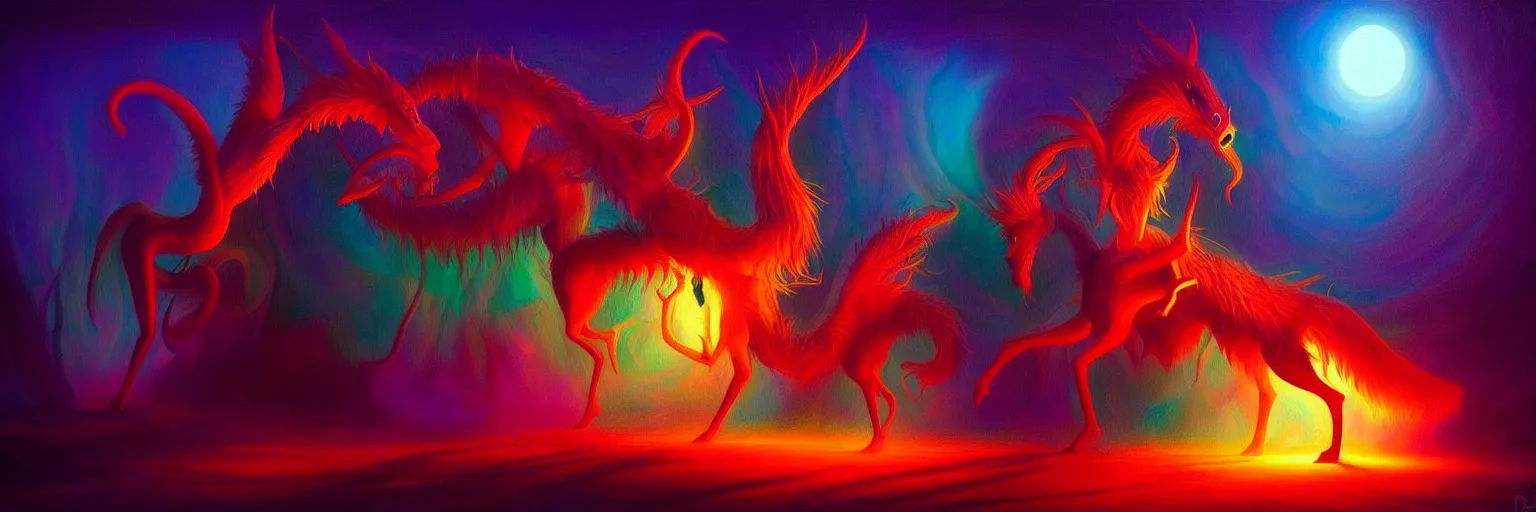 Image similar to mythical creatures from the depths of the collective unconscious, dramatic lighting with shallow dof, surreal darkly colorful painting by ronny khalil