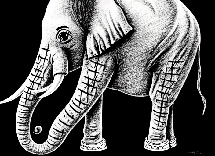 Image similar to an extremely detailed masterpiece grunge drawing of an elephant, in the style of richard avedon, after life, loony toons style, horror themed, detailed, elegant, intricate, trending on artstation, 4 k