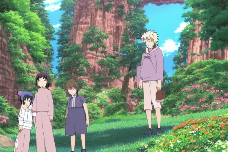 Image similar to JK, Ghibli, an Anime Background,