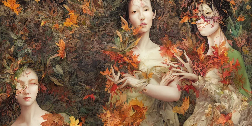 Image similar to breathtaking detailed concept art painting blend of two goddess of autumn leaves by hsiao - ron cheng with anxious piercing eyes, vintage illustration pattern with bizarre compositions blend of flowers and fruits and birds by beto val and john james audubon, exquisite detail, extremely moody lighting, 8 k