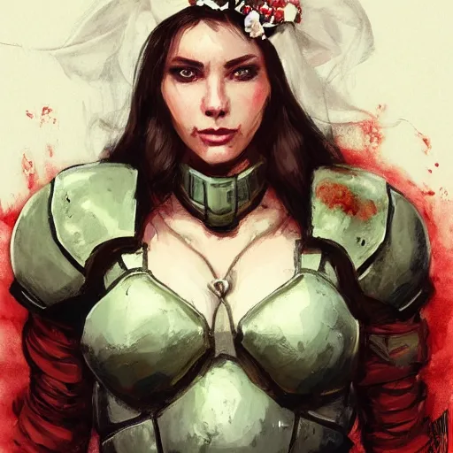 Image similar to doomguy as an attractive young smiling woman wearing a mushroom crown and heavy armoured wedding dress, face portrait, hd shot, digital portrait, beautiful, fantasy art, artstation, comic style, by artgerm, guy denning, jakub rozalski, magali villeneuve and charlie bowater