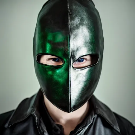 Image similar to photo of a man with a metal mask, green eyes and a black leather jacket, dramatic lighting