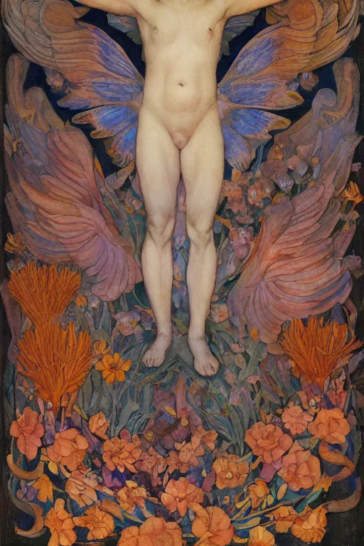 Image similar to the flower prince, by Annie Swynnerton and Nicholas Roerich and Diego Rivera, bioluminescent skin, floral tattoos, wings made out of flowers, elaborate costume, geometric ornament, symbolist, smooth, sharp focus, extremely detailed