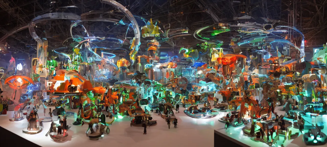 Prompt: A view of the world exhibition of futuristic toys, showcases full of interesting incredible mechanisms and components, photorealistic image, lighting from spotlights, reflections, refractions, volumetric smoke, pyro, physics, wow atmosphere